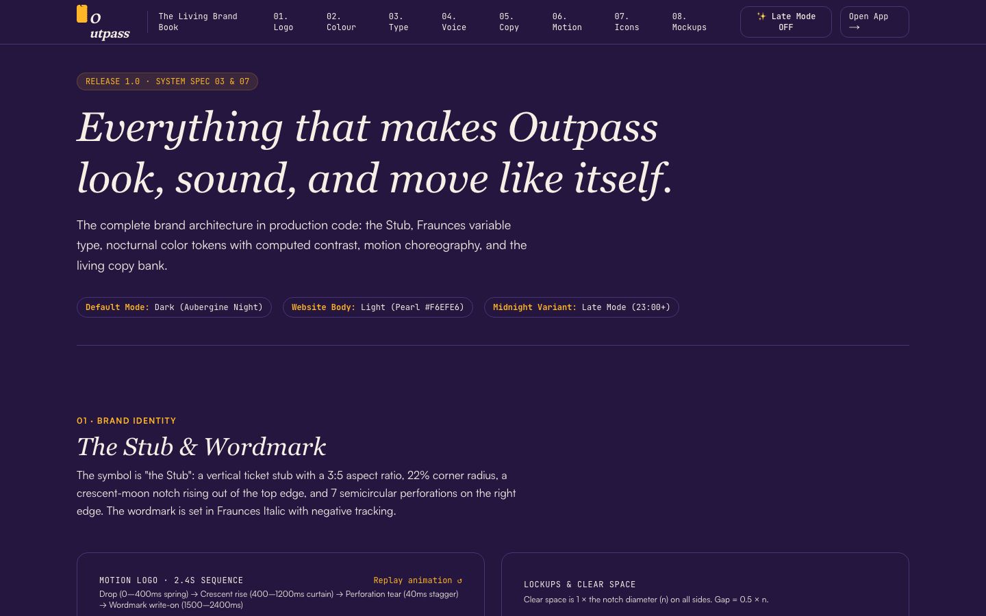 The Outpass living brand book: 'Everything that makes Outpass look, sound, and move like itself.'