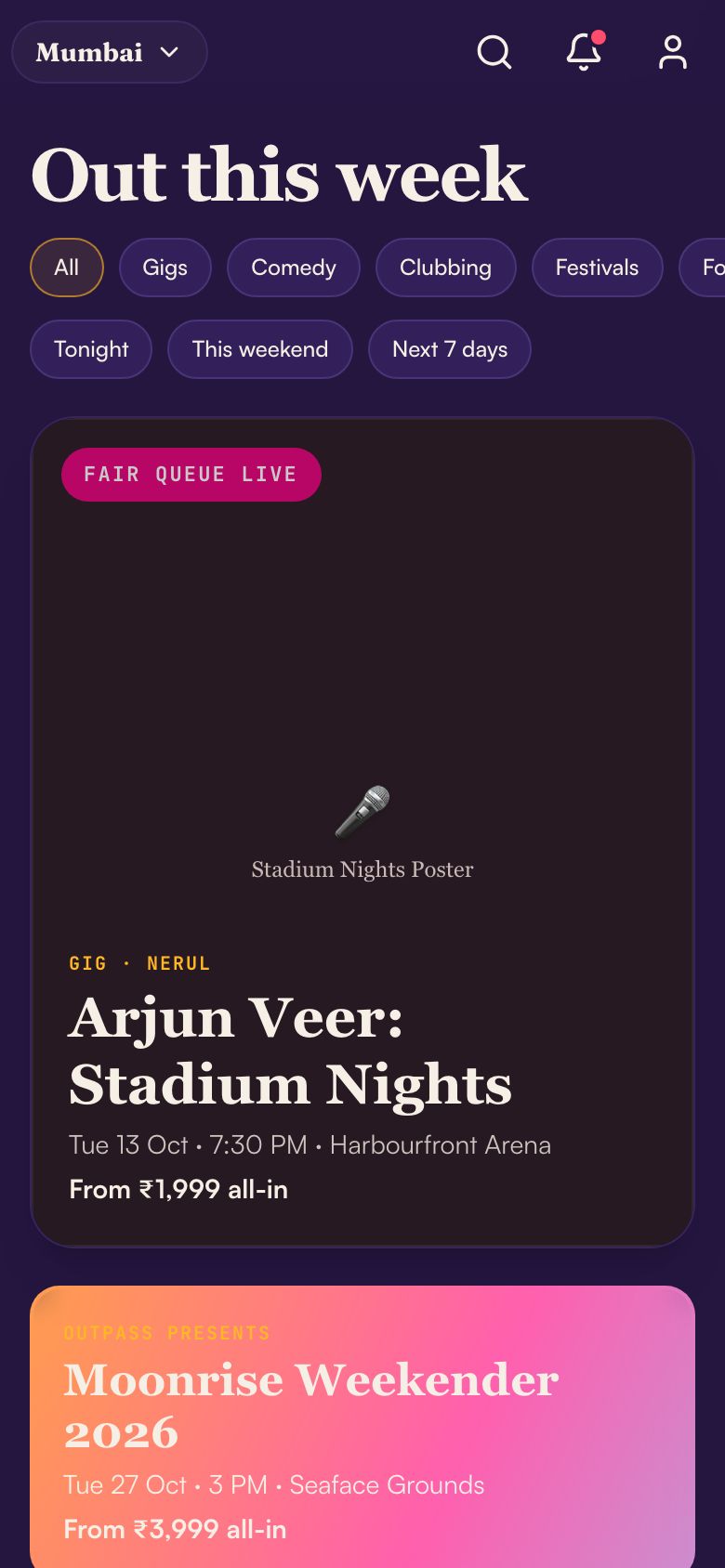 Outpass Events screen: a gig with Fair Queue live and an Outpass Presents weekender.