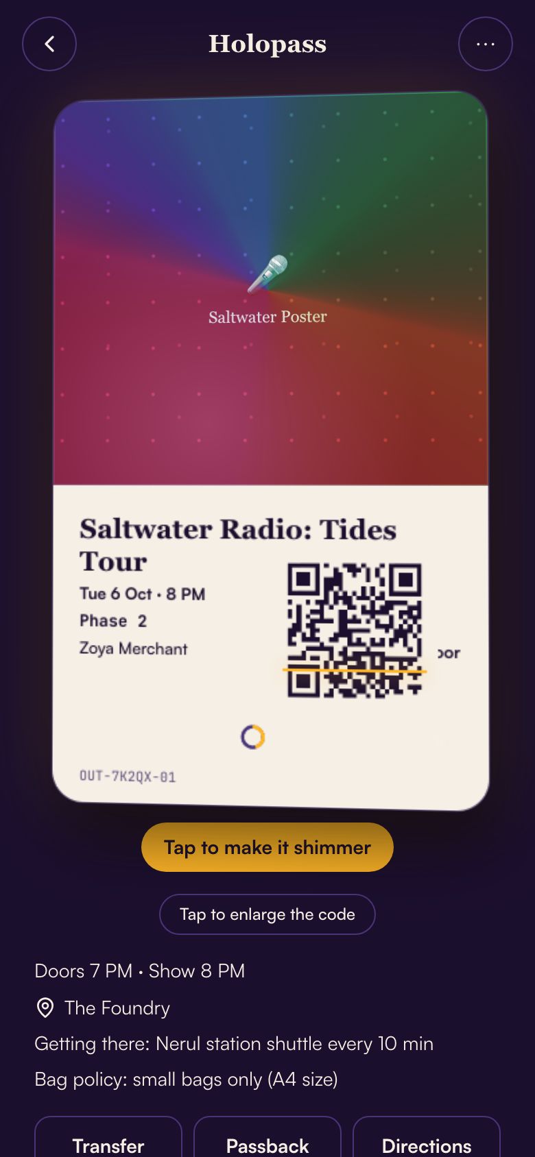 Outpass Holopass: a holographic ticket with a live QR code for a gig.
