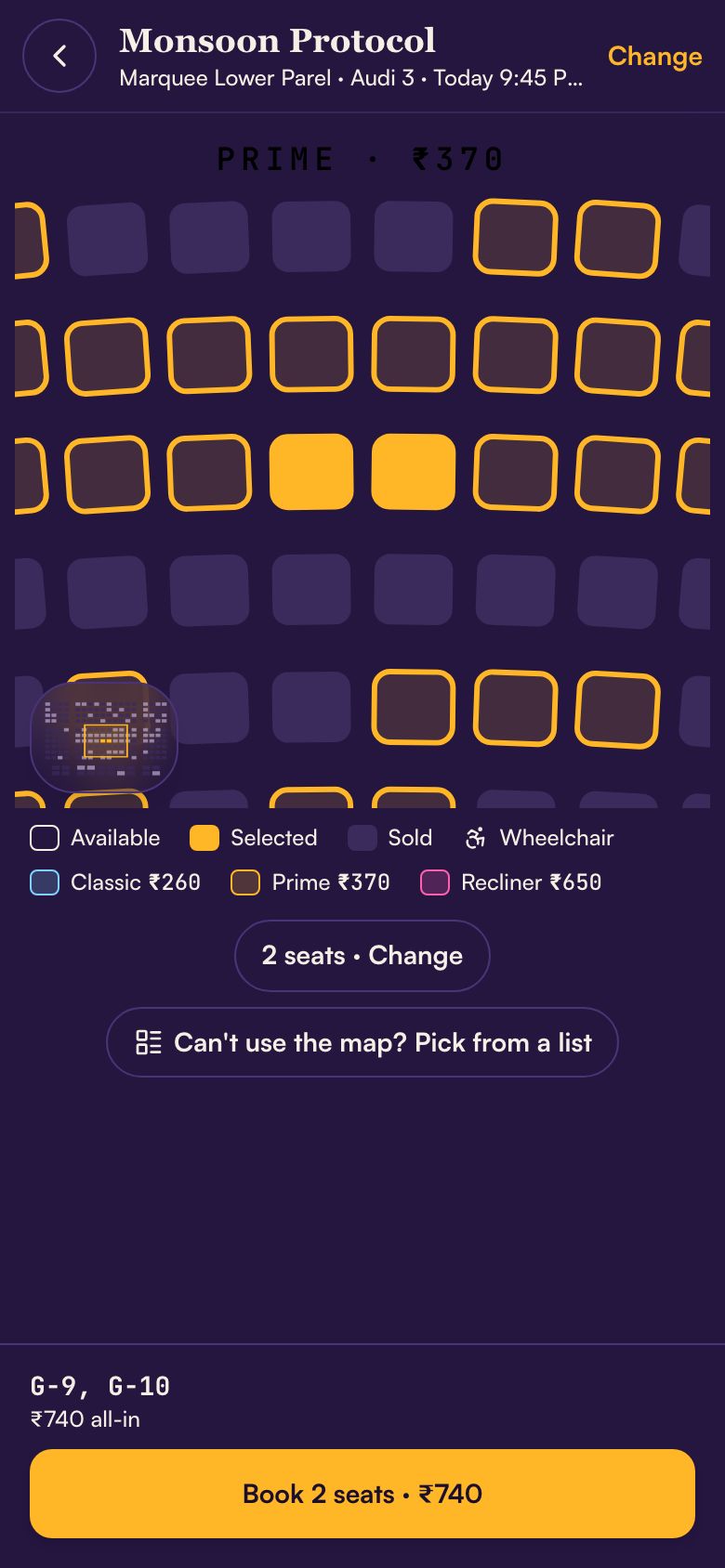 Outpass seat map with two Prime seats picked and a 'Book 2 seats · ₹740' button.