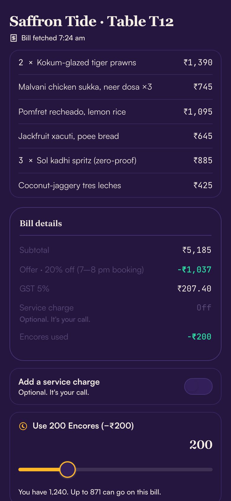 Outpass TablePay: an itemised bill for Table T12 with the offer, GST and Encores applied.